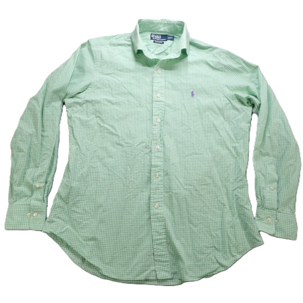 Polo Ralph Lauren Shirt Men 16 34/35 Custom Fit Gingham Cotton Green Button Down